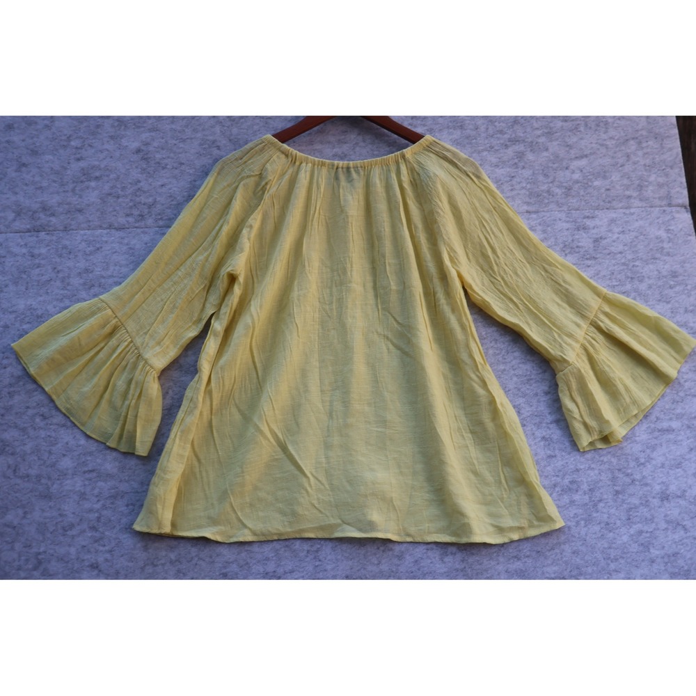 Jaclyn Smith Collection Women Yellow Crinkle Gauze Bell Sleeve Peasant Top L